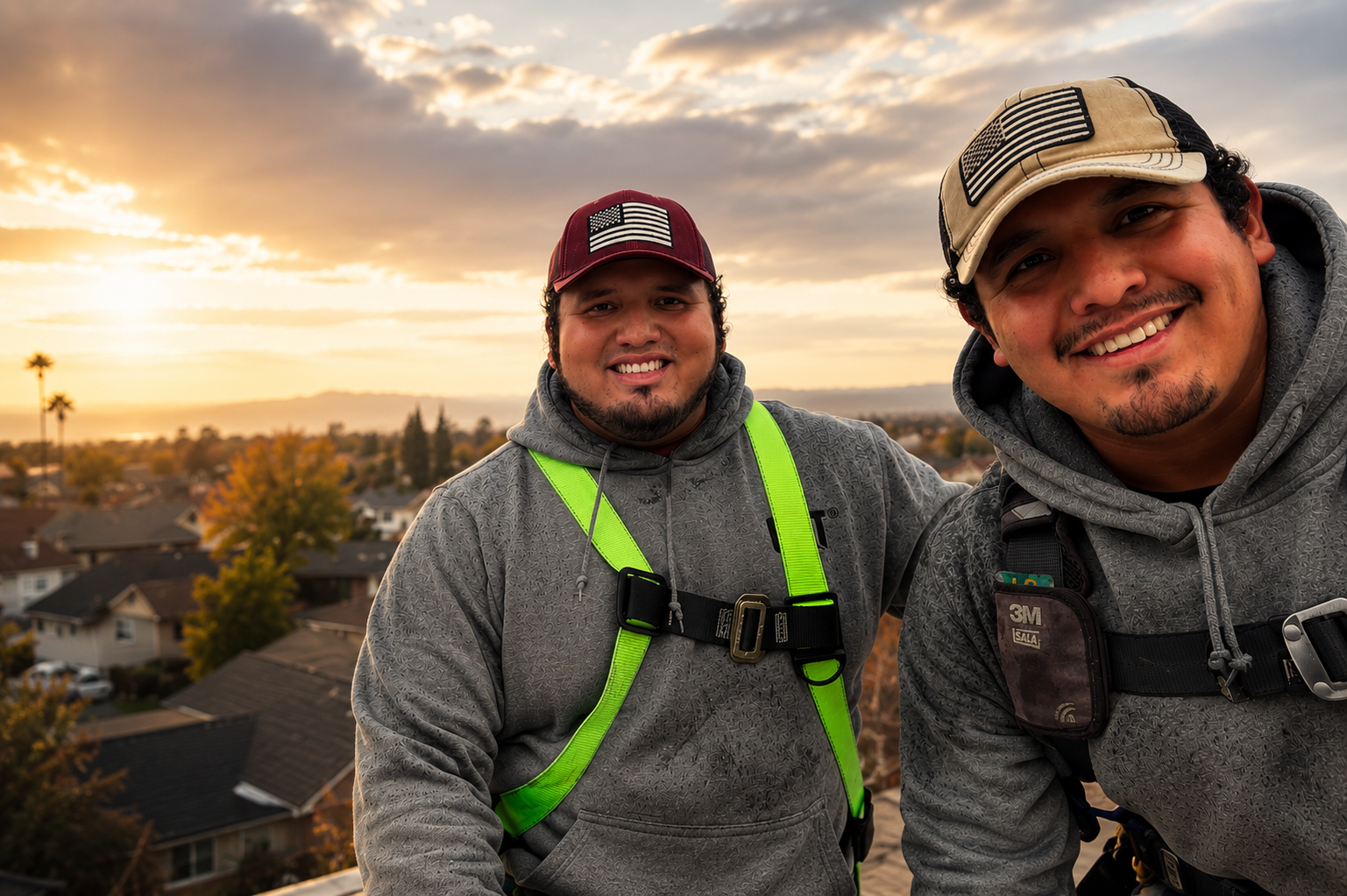 Ren Lyfe crew on a Central Oregon roof at golden hour